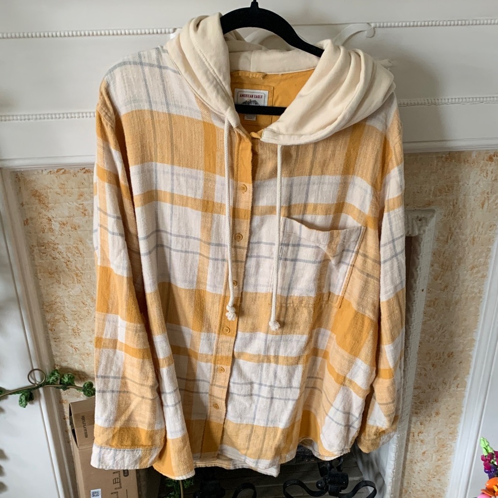 American Eagle Plaid Hooded Button-Up Shirt - Mustard & Cream